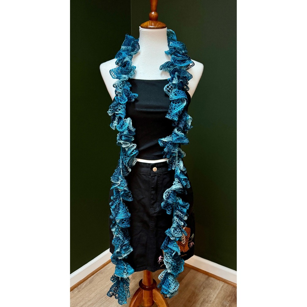 Y2K Blue Ruffle Crochet Knit Lightweight Scarf‎